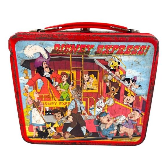 Vintage Disney Express Metal Lunchbox Train Theme Mickey Mouse Distress Red READ - Picture 8 of 16